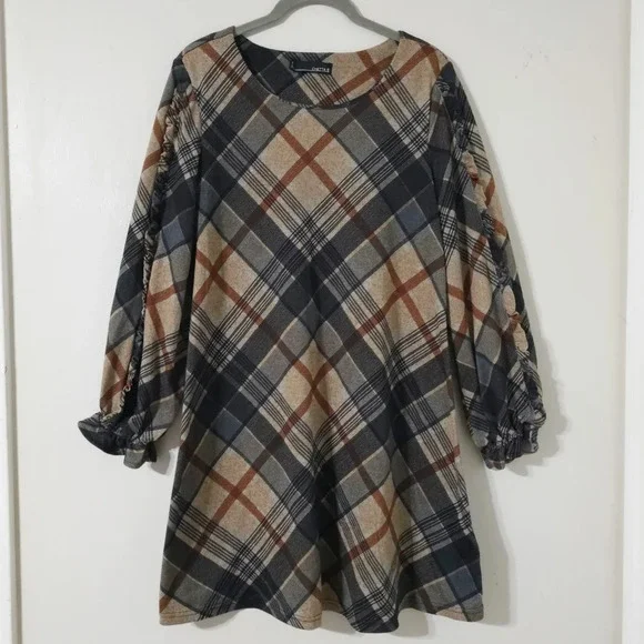 CHETTA B Bias Plaid 3/4 Sleeve Mini Knit Dress, Ruffle Details, Size M - Picture 3 of 15